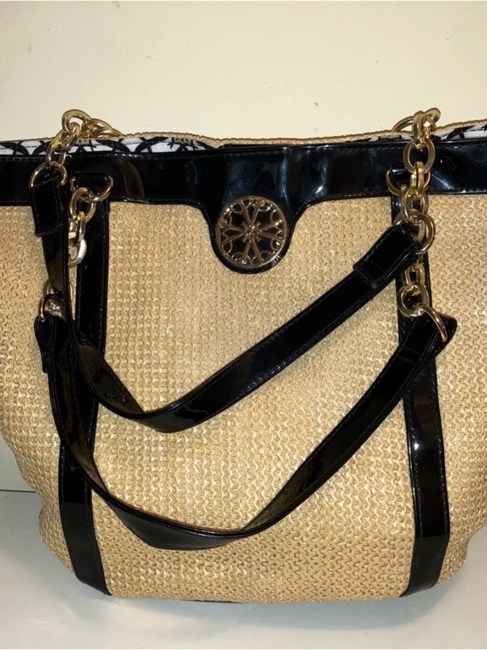 Woven Straw Tote with Black Patent Trim